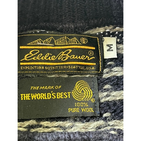 Vintage Eddie Bauer Mens Birdseye 100% Wool Sweater Navy Black Label Medium USA - Picture 4 of 7